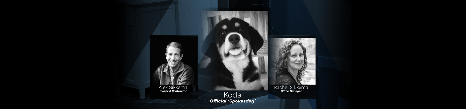 The Arran Contracting team — Alex Sikkema (Owner & Contractor), Rachel Sikkema (Office Manager), and Koda the official spokesdog